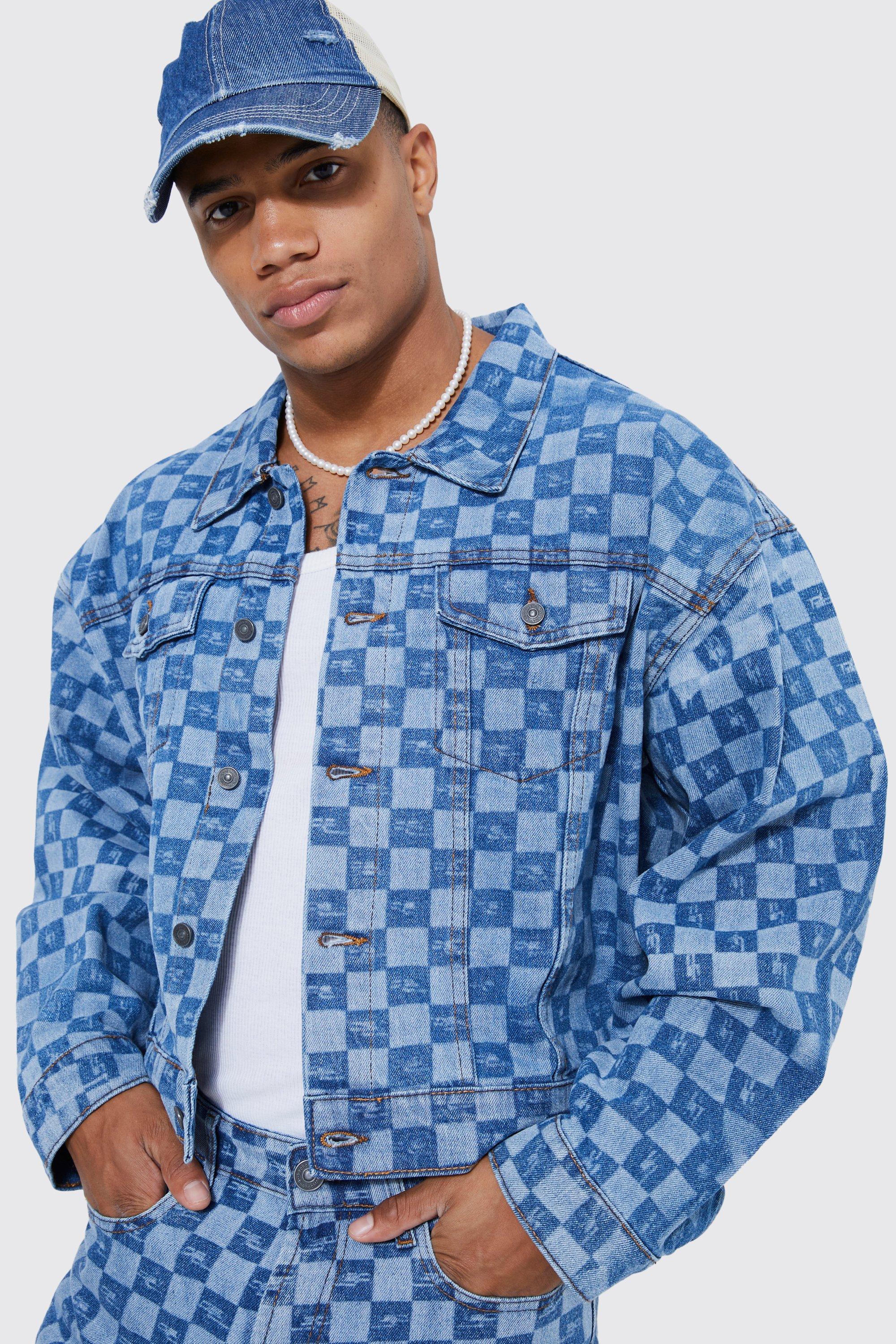 Checkered denim shop jacket mens